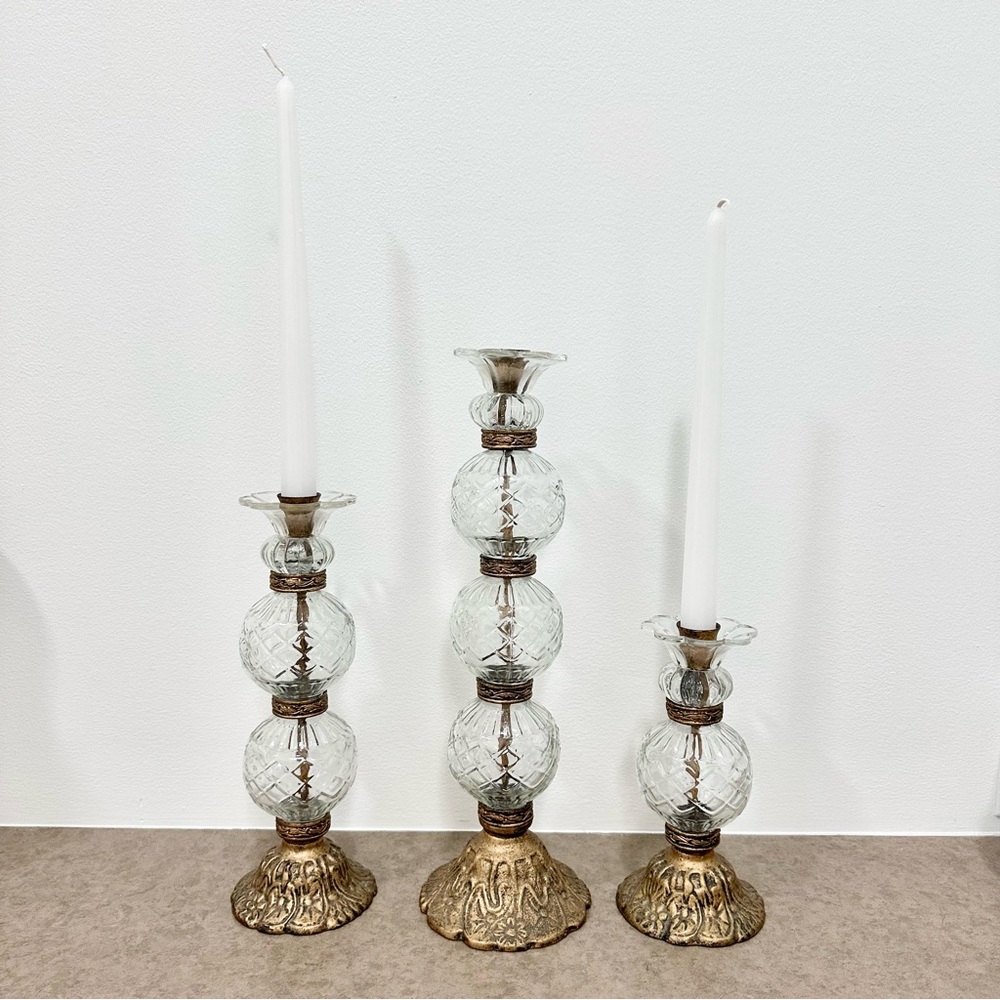 Vintage Hollywood Regency Style Glass Ball Metal Brass Color Candlestick Holders
